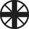 Černý kruhový symbol s bílým křížem a čtyřmi trojúhelníkovitými segmenty.