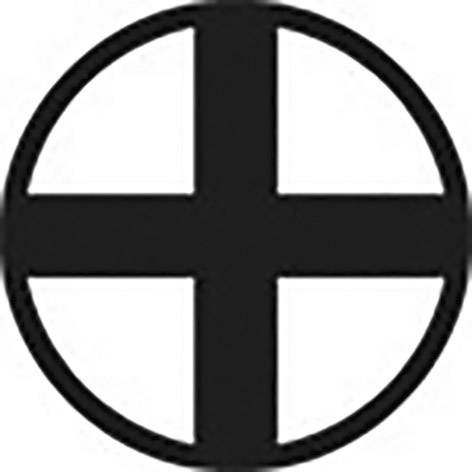 Černý kruhový symbol s rovnoramenným křížem uprostřed na bílém pozadí.