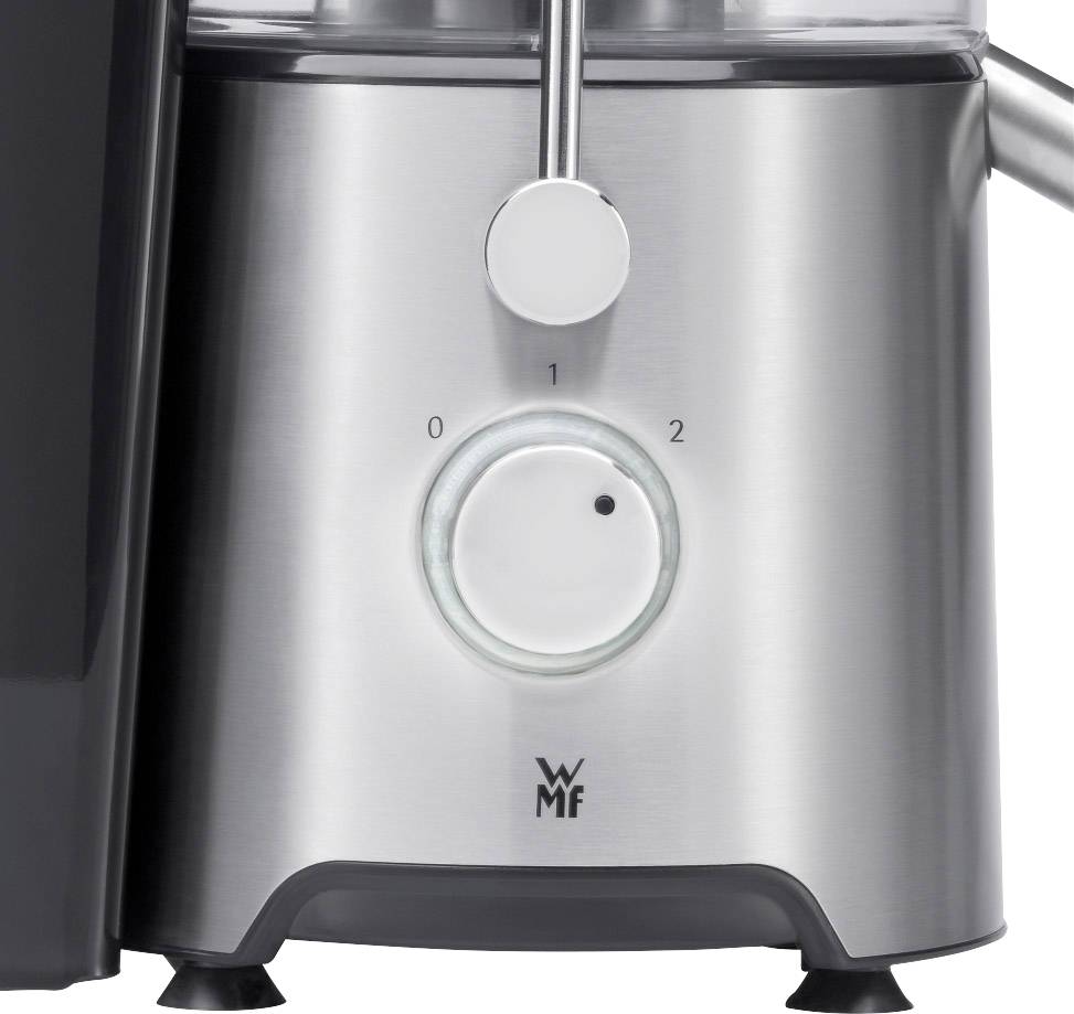 Detailní záběr kuchyňského spotřebiče z nerezové oceli s otočným ovladačem s polohami 0, 1, 2. Vpředu viditelné logo značky.