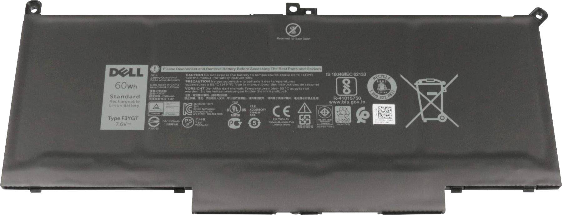 Baterie do notebooku Dell o kapacitě 60 Wh. Na baterii jsou vyobrazena různá bezpečnostní a certifikační loga.