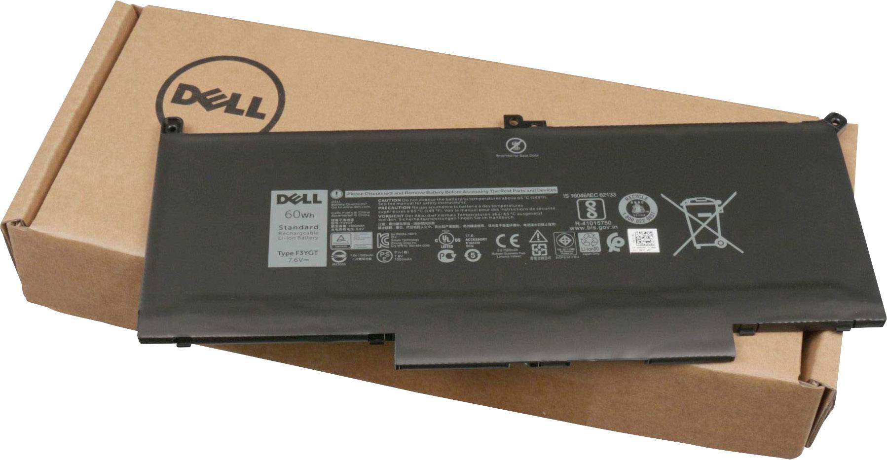 Dell laptopová baterie na hnědém obalu. Na přední straně baterie viditelné produktové štítky a symboly, jako jsou recyklace a kapacita.