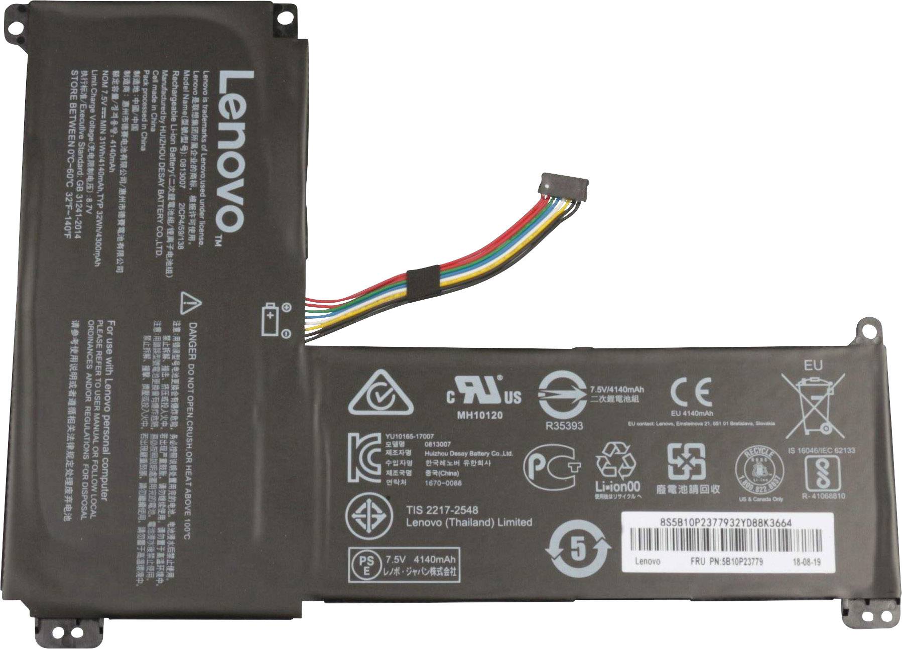 Baterie pro notebook Lenovo, modelové číslo L15L2PB4, s několika certifikacemi a informacemi o napětí 7,5 V a 30 Wh.