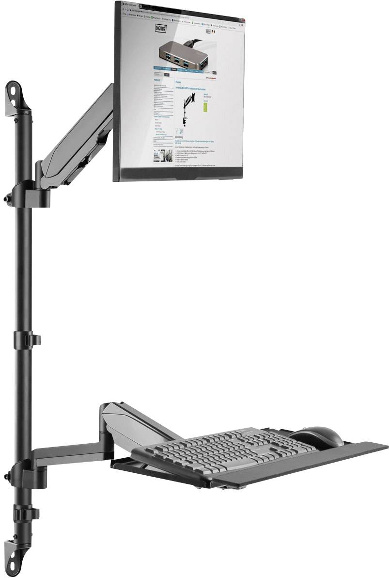 Nástěnný nastavitelný počítačový pracovní prostor s monitorem, klávesnicí a myší, ideální pro úsporná prostorová řešení.