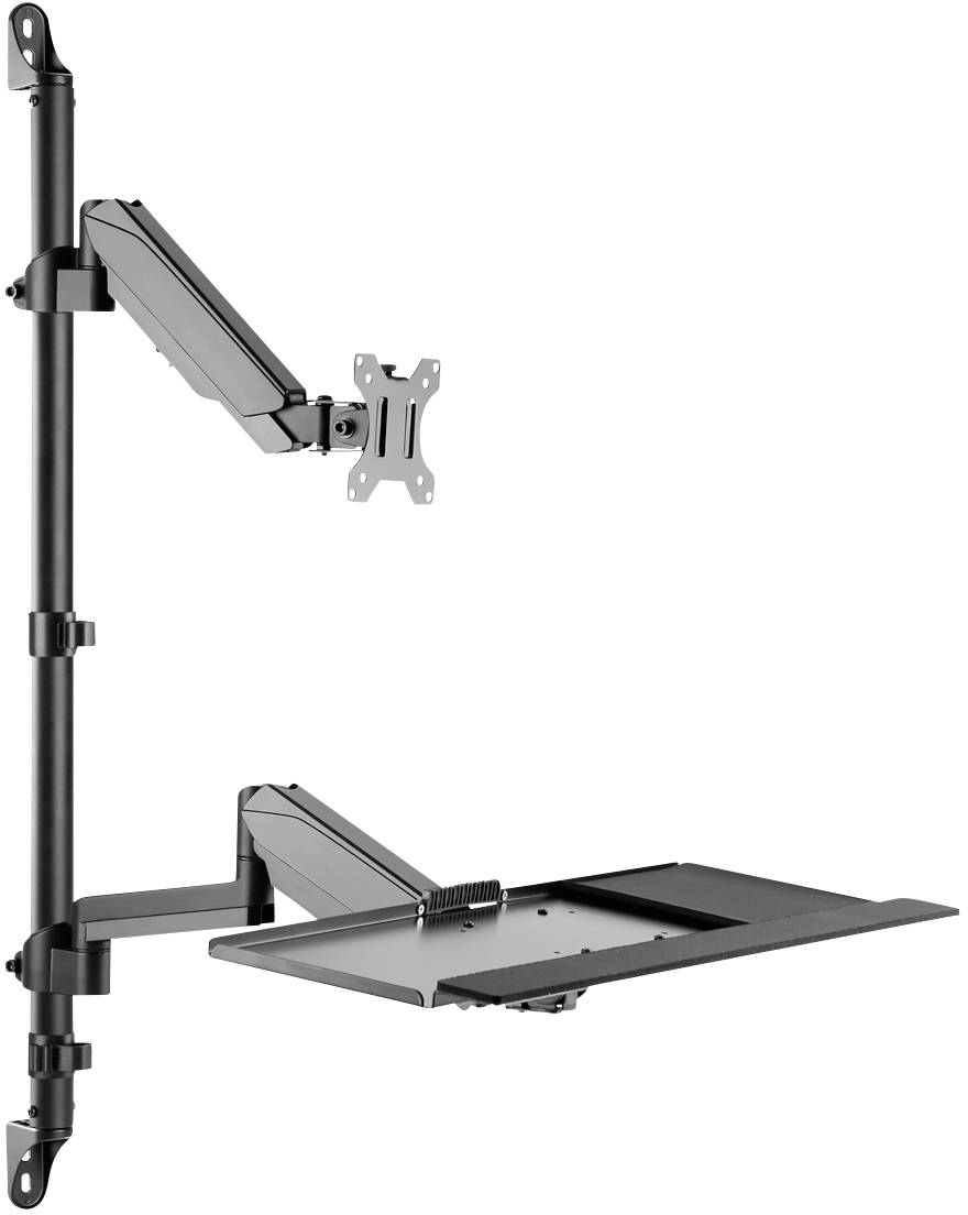 Ergonomický držák monitoru a laptopu pro vertikální uchycení na tyč, ideální pro optimalizaci prostoru v kanceláři.
