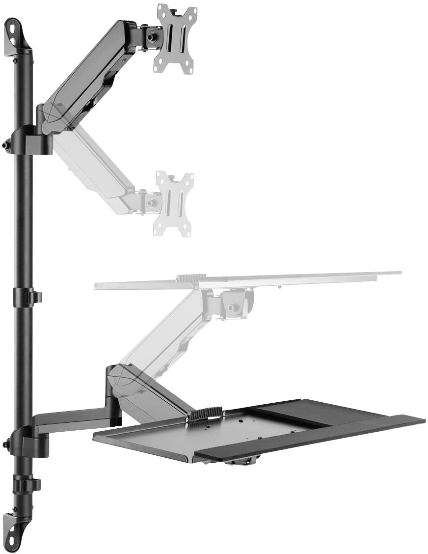 Výškově nastavitelné rameno pro dva monitory s odkládací plochou pro klávesnici. Ukazuje flexibilní držáky pro monitory a ergonomické pracovní polohy.