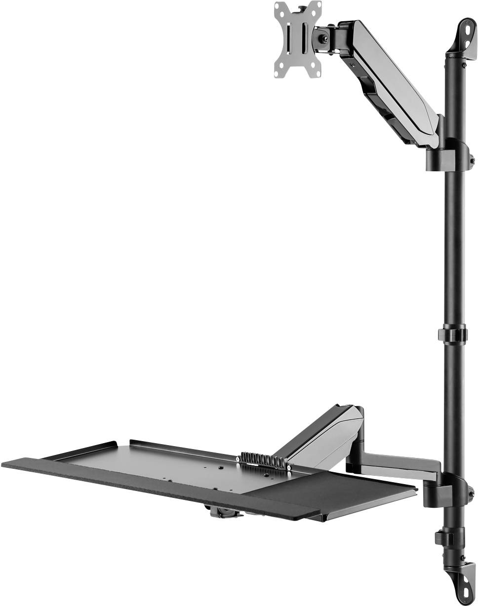 Ergonomické rameno pro uchycení monitoru s integrovanou odkládací plochou pro klávesnici, které umožňuje flexibilní umístění obrazovky a pohodlnou pracovní pozici.