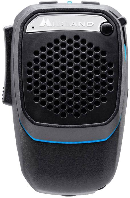Černá, kompaktní vysílačka s mřížkou reproduktoru a stříbrným popisem nahoře, zřetelně identifikovatelná jako model značky Midland.
