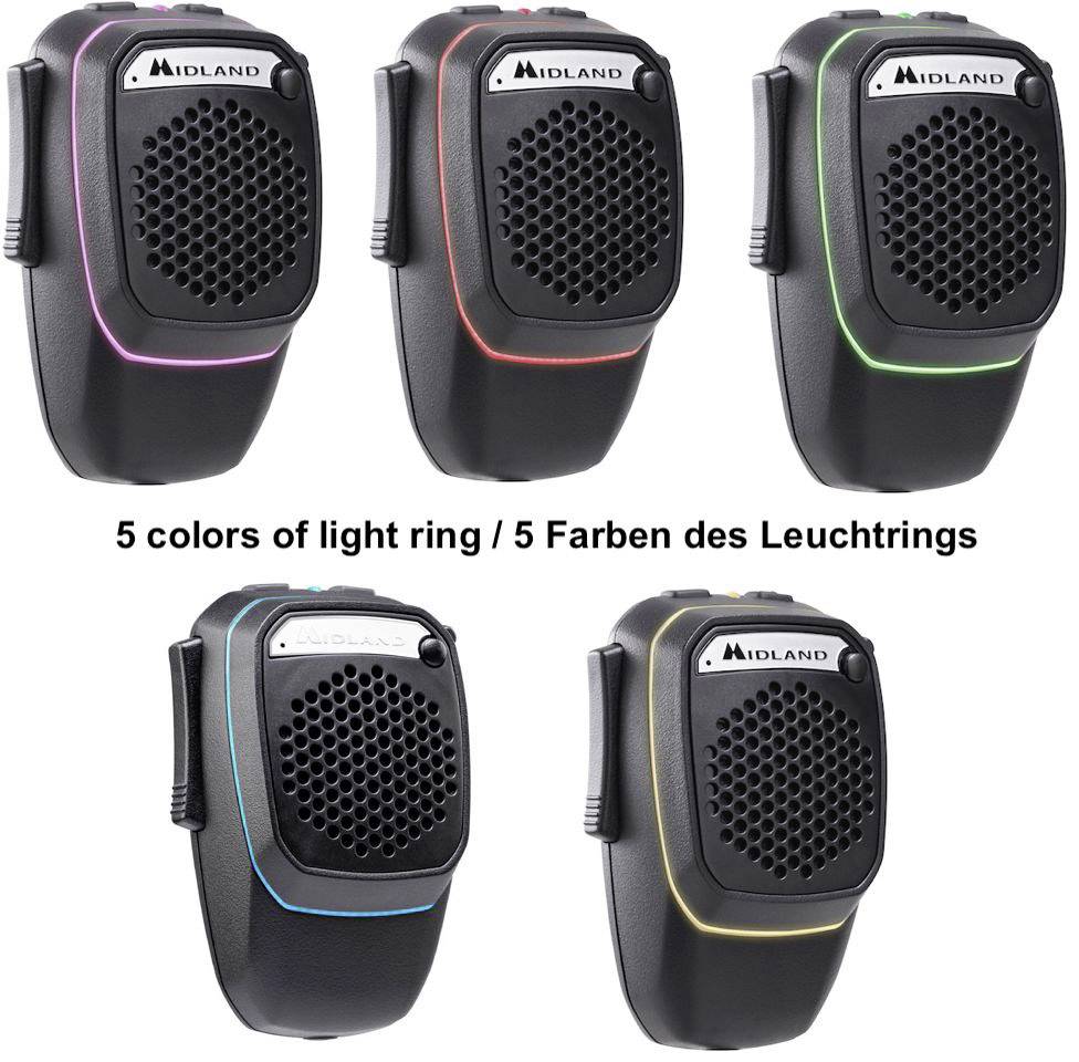 Pět černých vysílaček, každá s barevným světelným kruhem: modrá, červená, zelená, fialová a žlutá. Text: '5 barev světelného kruhu'.