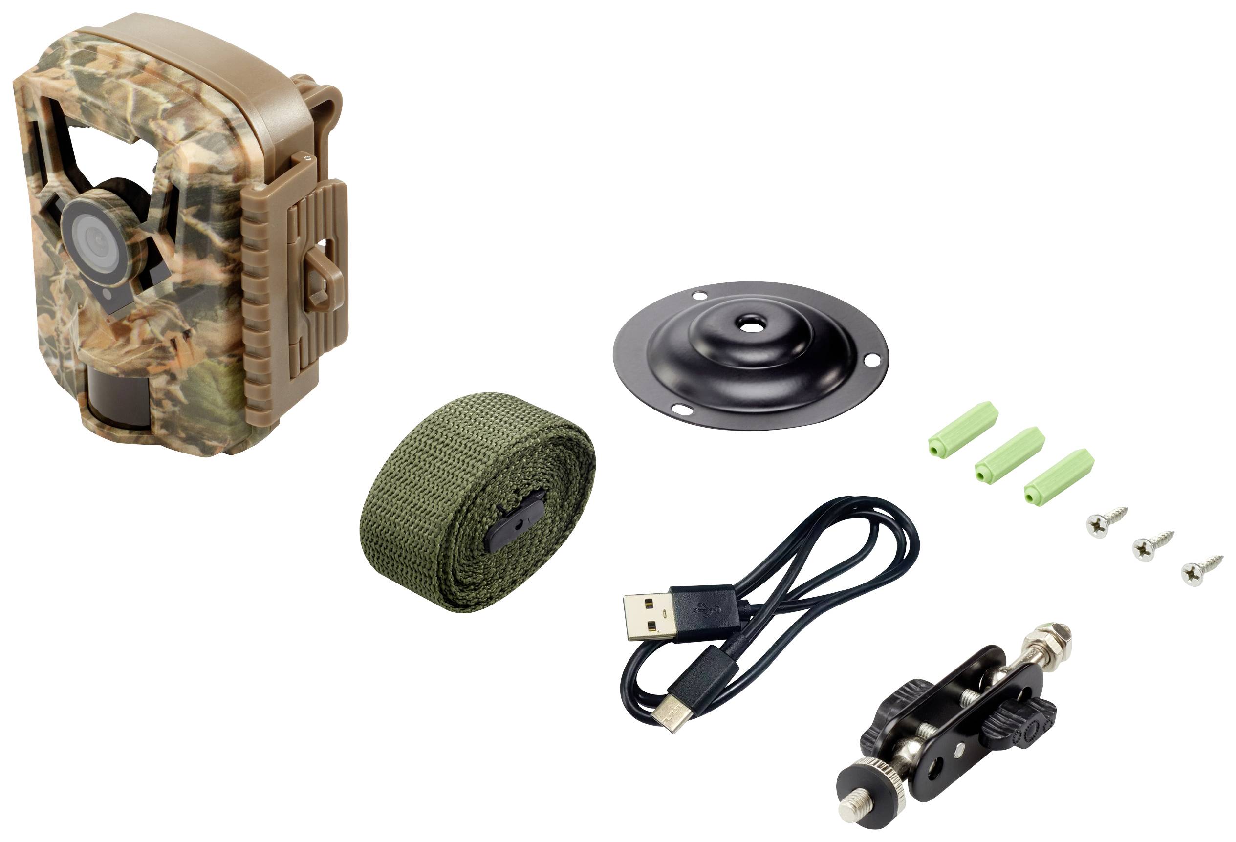 Sada divokého fotoaparátu s maskovanou kamerou, zeleným pásem, USB kabelem, montážním podstavcem, šrouby a upevňovacím zařízením. Ideální pro pozorování zvířat.