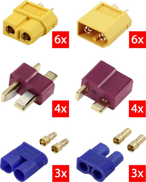 Reely RE-6699867 zásuvkový konektor k propojení akumulátoru a regulátoru RC modelu, zástrčkový konektor k propojení akumulátoru a regulátoru RC modelu XT60, T zástrčka, EC3 pozlacené 1 ks