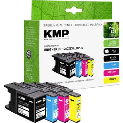 Balení prémiových inkoustových cartridgí KMP, náhrada za Brother LC-1280XLVALBPDR, obsahující černou, azurovou, purpurovou a žlutou cartridge.