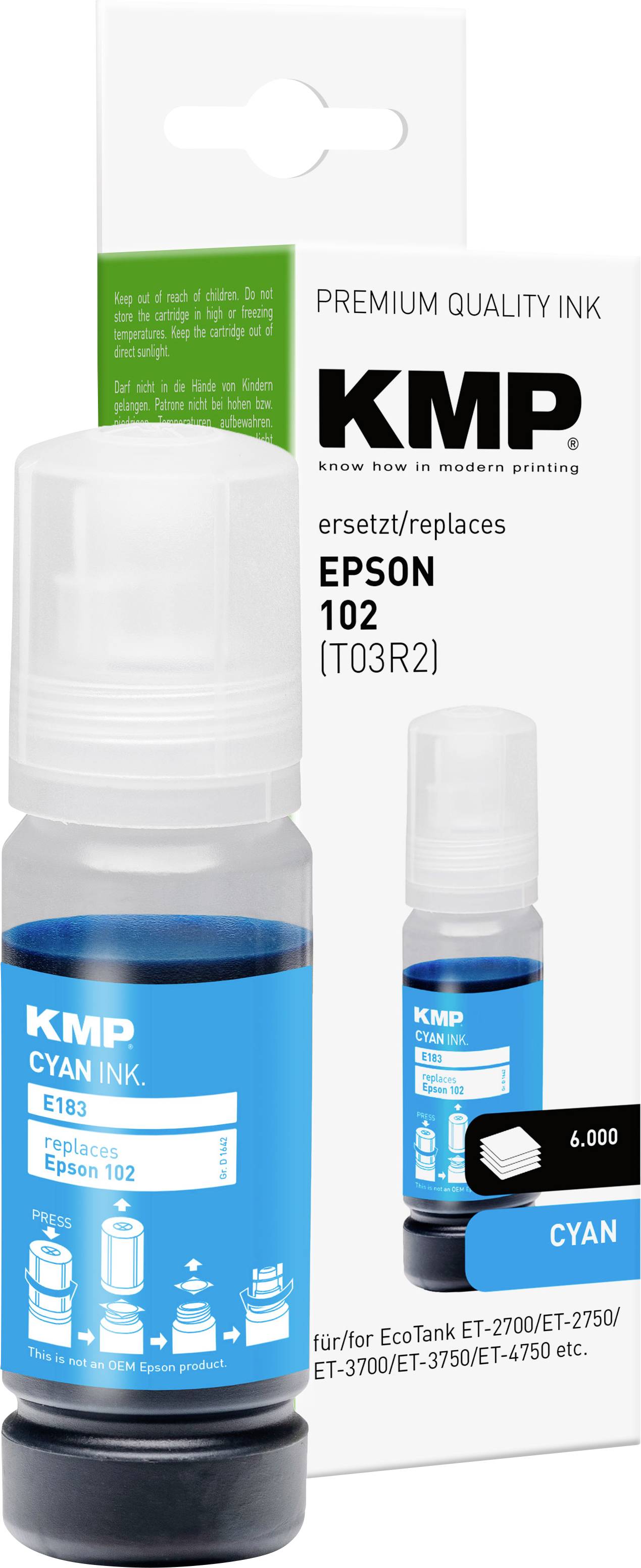 Lahvička azurového inkoustu pro Epson 102, kompatibilní s modely EcoTank ET-2700/2750/3700/3750/4750, výdrž 6 000 stran.