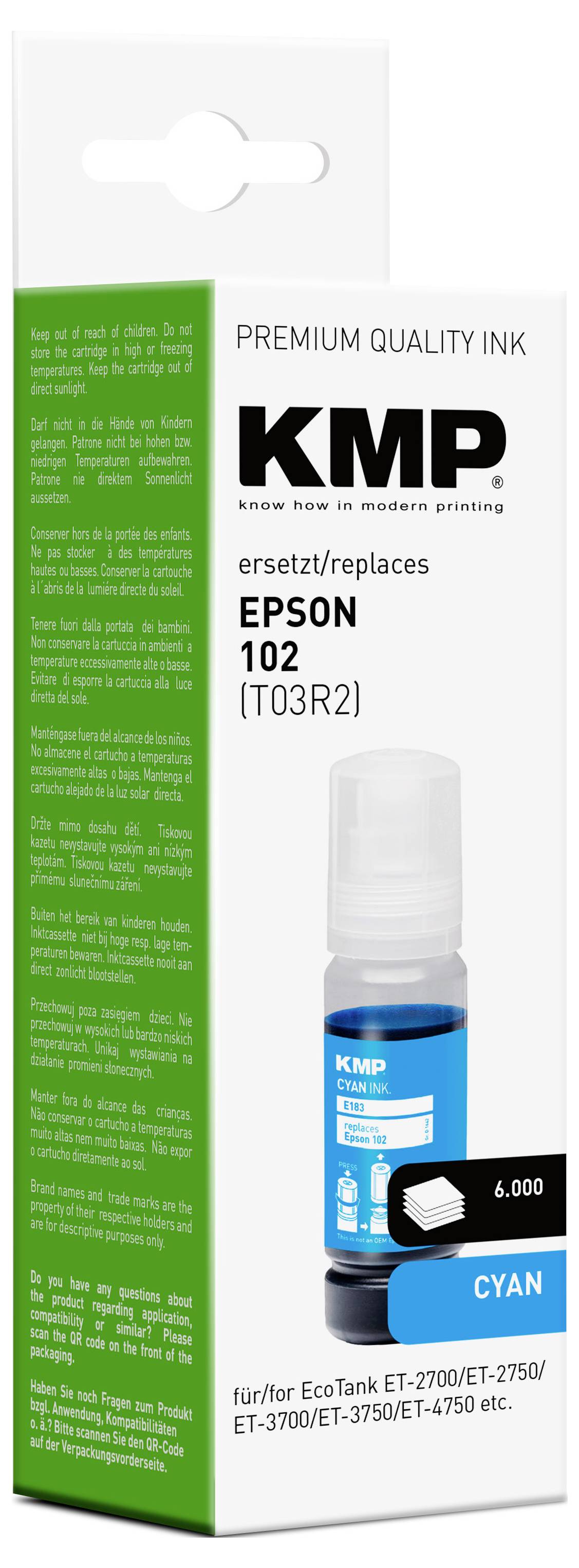 Inkoustová lahev KMP Premium Quality Ink, náhrada za Epson 102 (T03R2), azurový inkoust pro tiskárny EcoTank ET-2700/ET-2750/ET-3700/ET-3750/ET-4750.