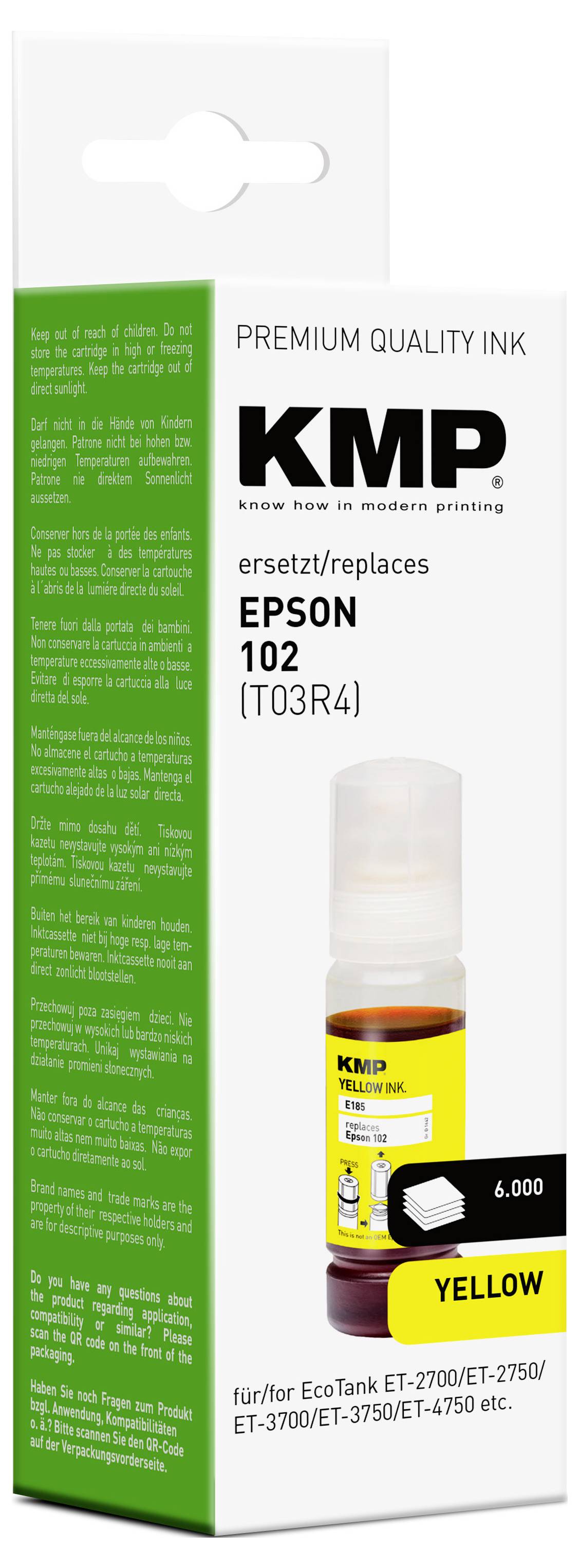 Žlutá inkoustová lahvička Epson 102 v obalu pro tiskárny EcoTank, náhrada za T03R4, určená pro modely ET-2700, ET-2750, ET-3700, ET-3750, ET-4750.
