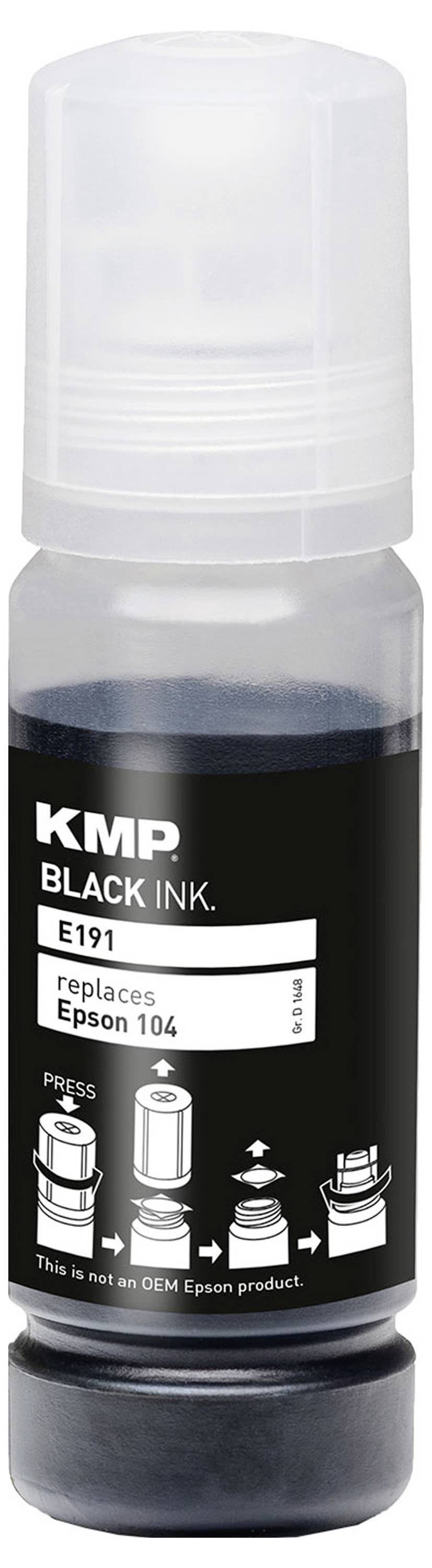 Lahvička inkoustu KMP Black Ink, model E191, který nahrazuje Epson 104. Poznámka na štítku: „Toto není originální produkt Epson."