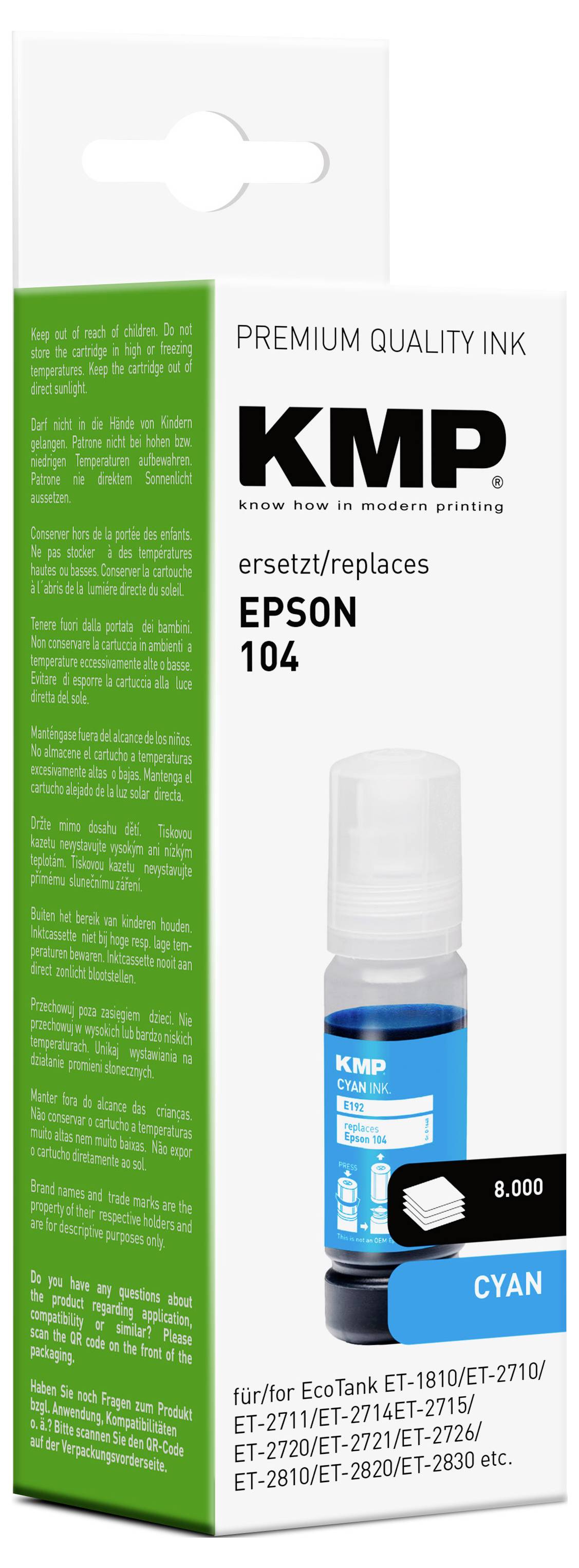 Azurová inkoustová lahvička pro Epson 104 od KMP, prémiová kvalita, vhodná pro řady EcoTank ET-1810, ET-2710 a ET-2820.