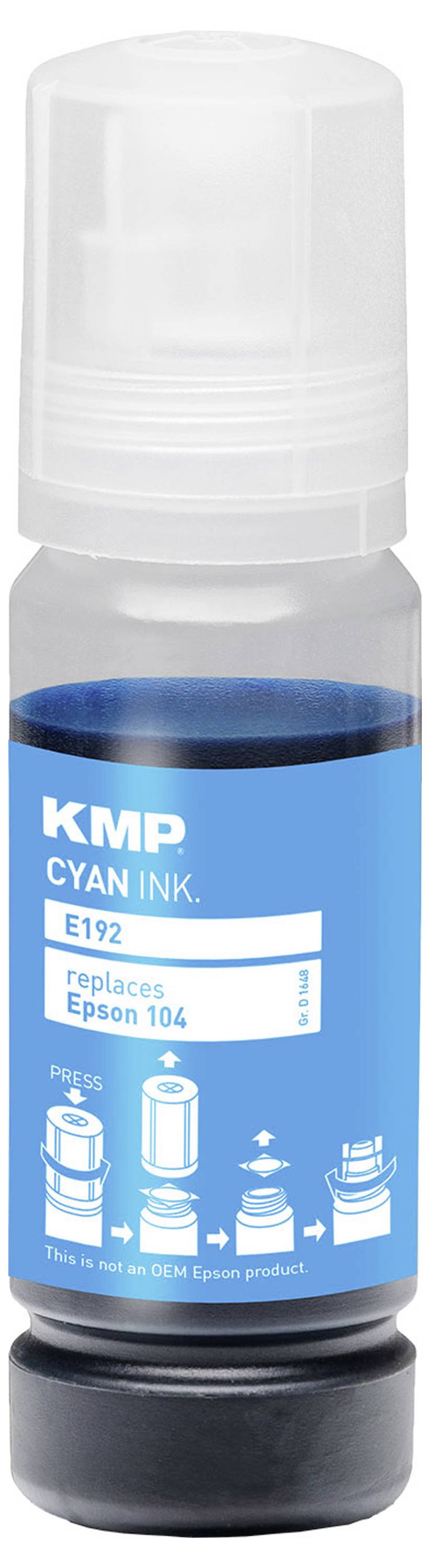Lahvička azurového inkoustu s nálepkou "KMP CYAN INK" pro tiskárny Epson 104. Návod s ikonami ukazuje otevření, výměnu a uzavření víčka.