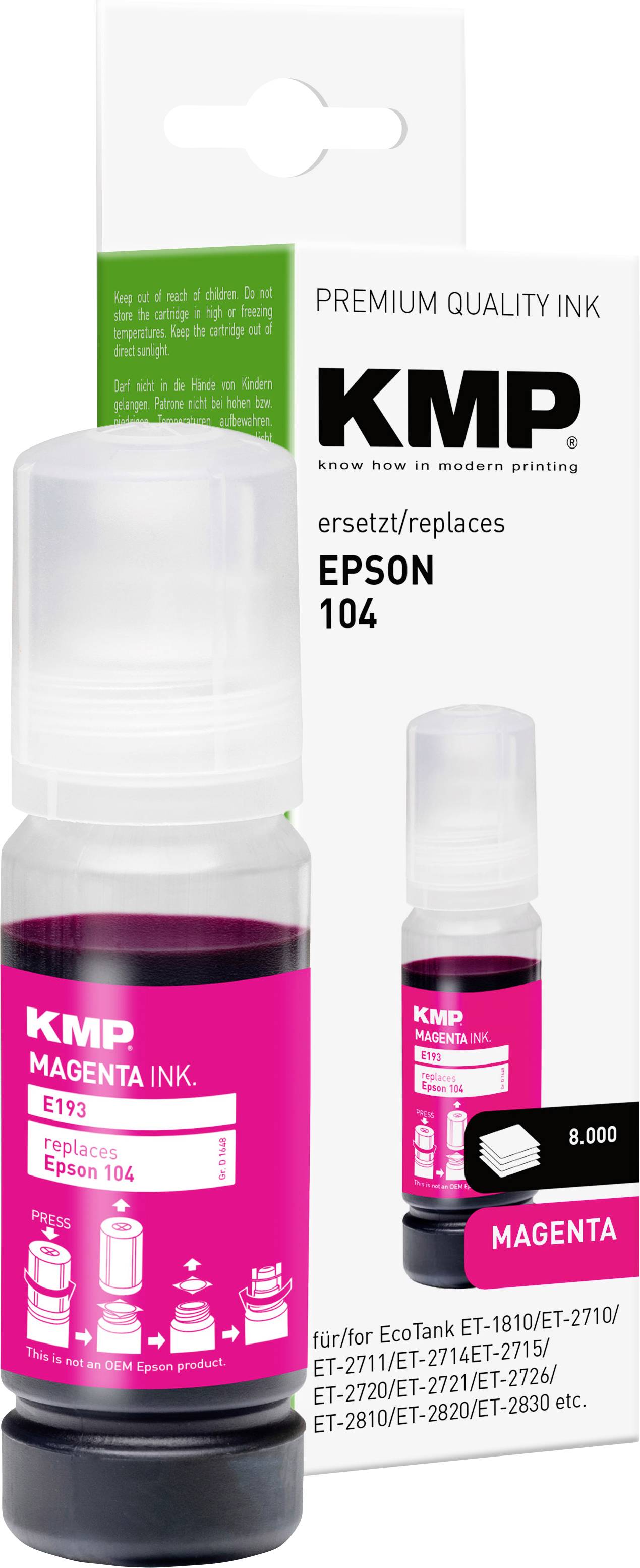 Láhev s purpurovým inkoustem KMP pro Epson 104, zobrazená v obalu. Kompatibilní s tiskárnami EcoTank, poskytuje 8 000 stran.