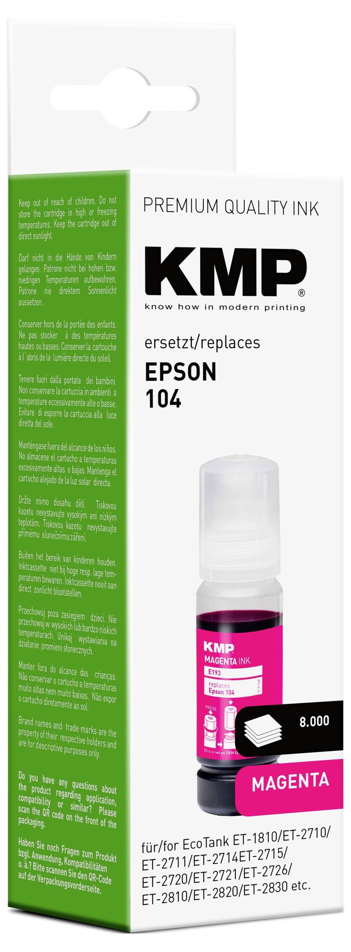 Lahvička inkoustu premium kvality KMP v purpurové barvě pro Epson 104, kapacita 8 000 stran. Vhodná pro modely ET-1810, ET-2710, ET-2820 a další.