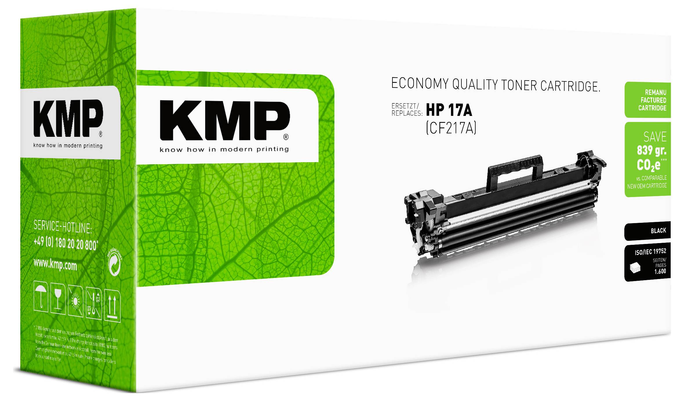 Kvalitní tonery KMP v ekonomickém balení pro HP 17A (CF217A), zobrazené v zeleně-bílé krabici s obrázkem kazety a černým štítkem s inkoustem.