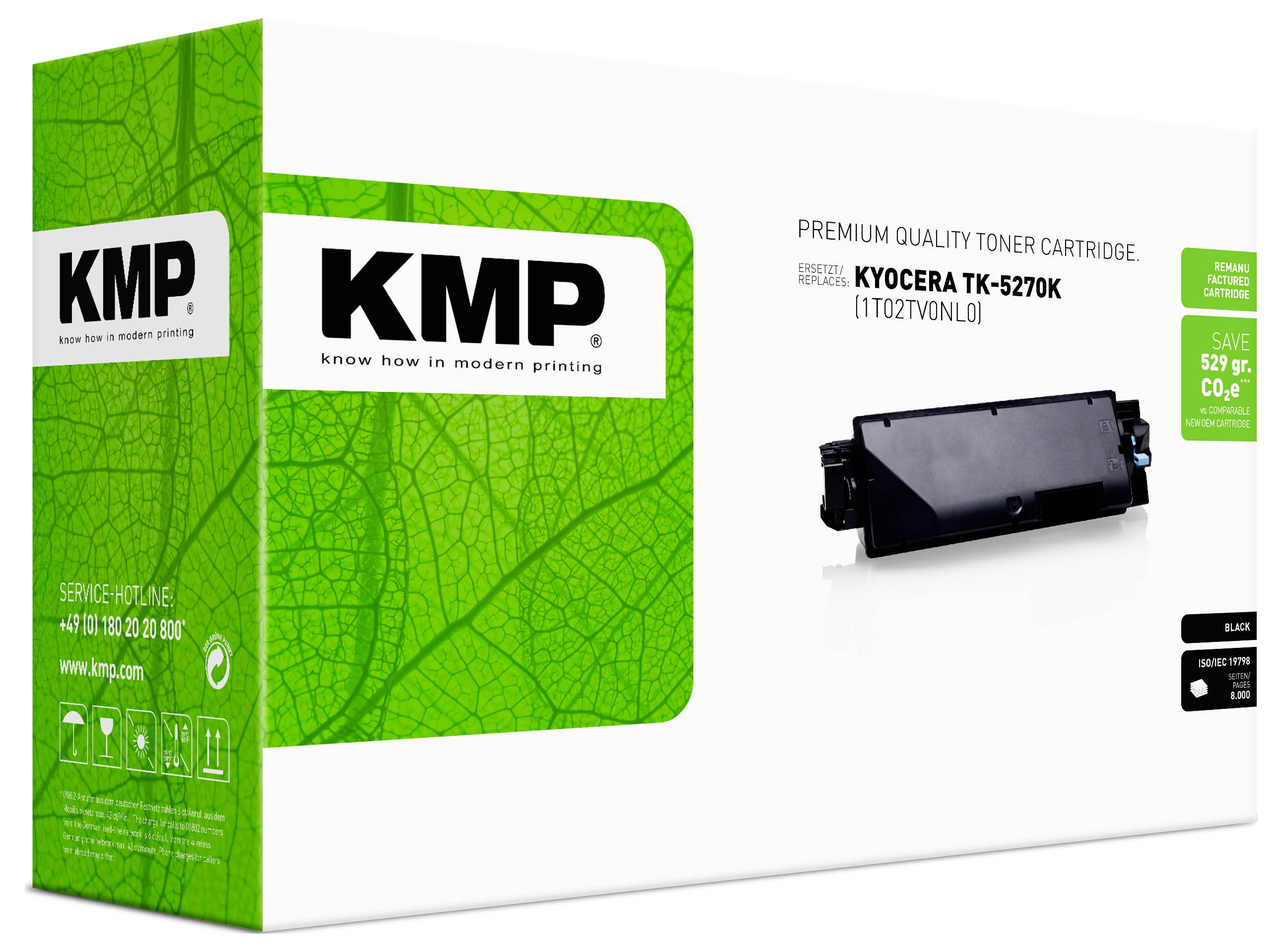 KMP prémiová kvalitní tonerová kazeta v balení pro Kyocera TK-5270K, zobrazena s černou tonerovou kazetu na bílé krabici se zeleným designem listů.