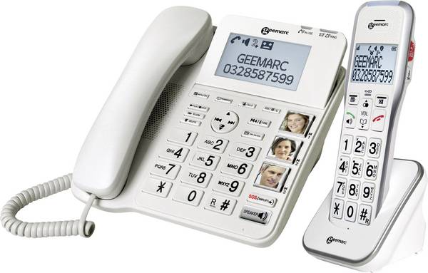 Geemarc AMPLIDECT 595 COMBI šňůrový telefon pro seniory  záznamník, handsfree, optická signalizace hovoru, kompatibilní s naslouchadly   bílá