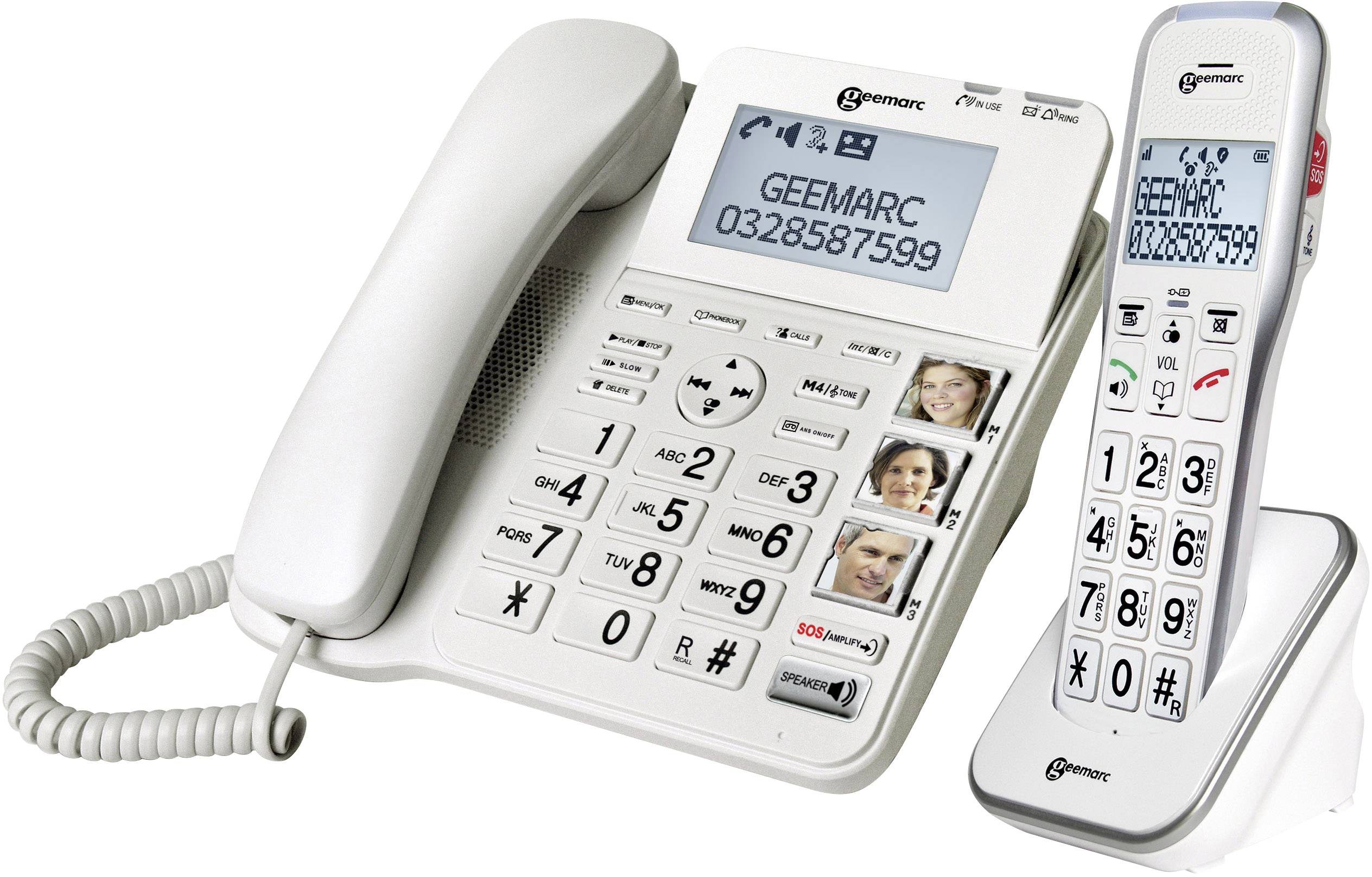 Bílá sada telefonu s velkými tlačítky a displejem zobrazuje 'GEEMARC 0328587599'. Sada se skládá z pevné linky a bezdrátového telefonu.