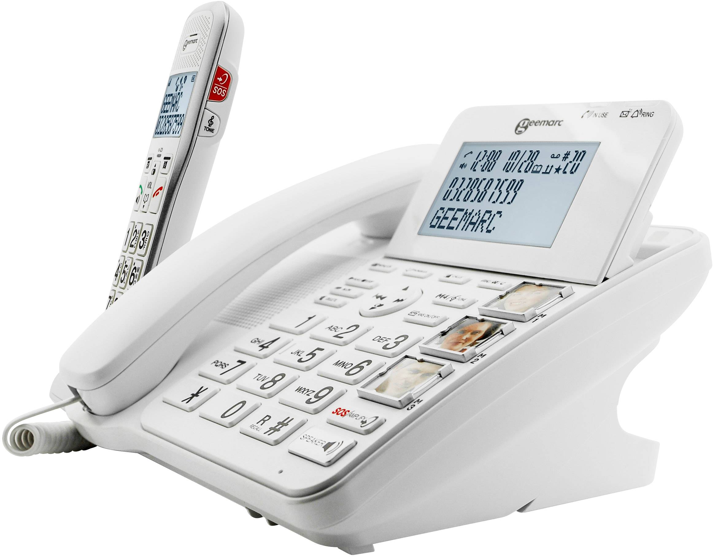 Stolní telefon s velkými tlačítky a displejem zobrazujícím telefonní číslo. Na zadní straně je umístěná bezdrátová mobilní část.