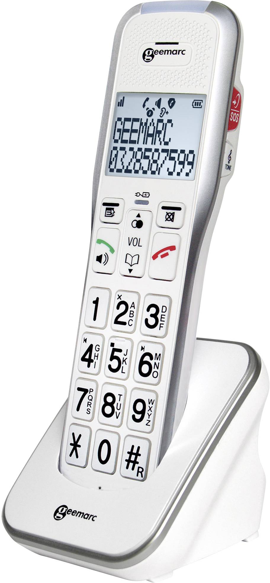 Bezdrátový telefon s velkými tlačítky a displejem. Na displeji je zobrazeno číslo '03228567599'. Vhodný pro jednoduché telefonování.