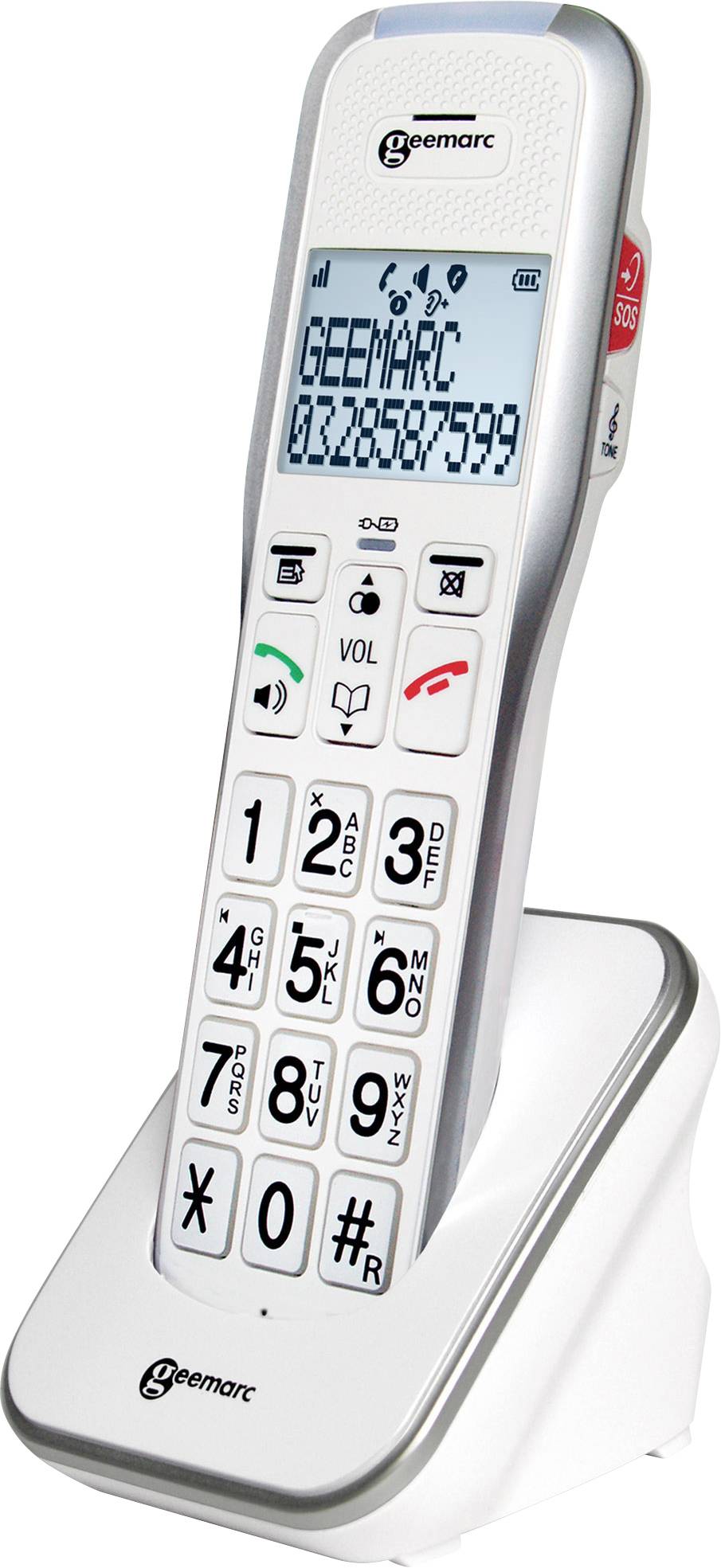 Bezdrátový telefon s velkými tlačítky umístěný na dobíjecí stanici, displej zobrazuje telefonní číslo. Vhodný pro zrakově postižené uživatele.