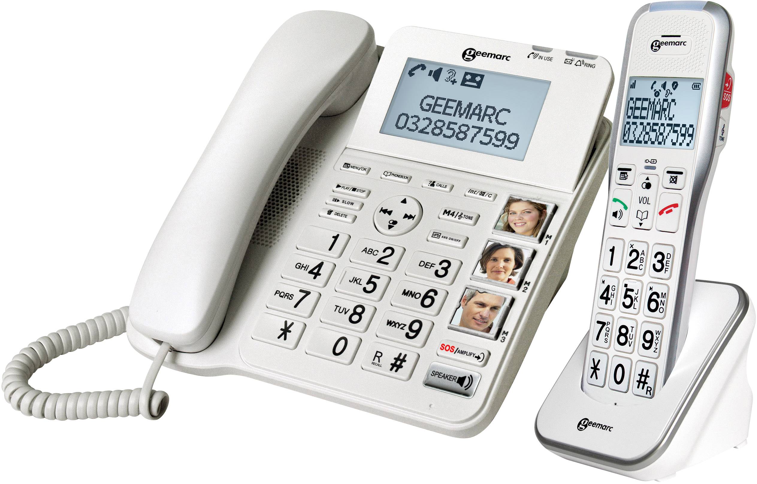 Telefonní systém s kabelovým a bezdrátovým sluchátkem. Velký displej zobrazuje 'GEEMARC 0328587599'. Velké klávesy, fototlačítka.