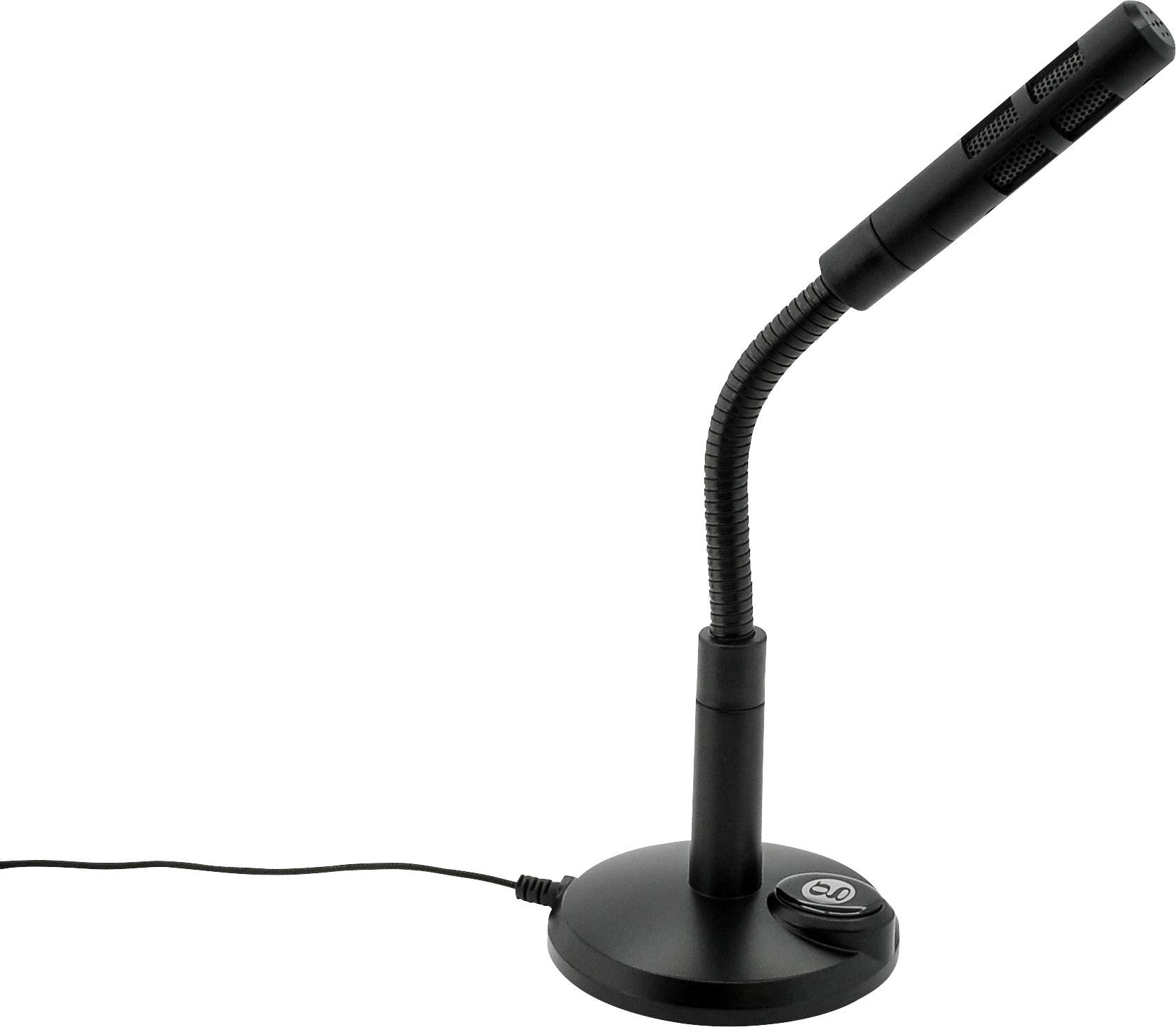 Černé stolní mikrofon s ohebným krkem stojí na kulatém podstavci. Kabel vede od mikrofonu pryč.