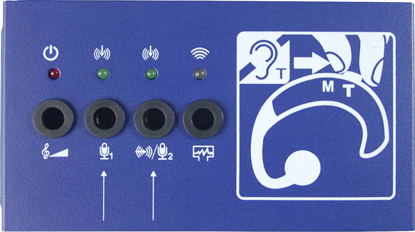 Ovládací panel audiozařízení se čtyřmi konektory a symboly pro mikrofon, zvuk a Bluetooth. Grafika znázorňuje naslouchátko s různými módy.