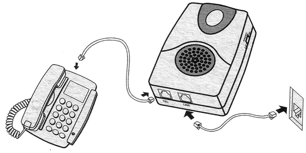 Diagram ukazuje propojení telefonu s telefonním záznamníkem a elektrickou zásuvkou pomocí telefonních kabelů.