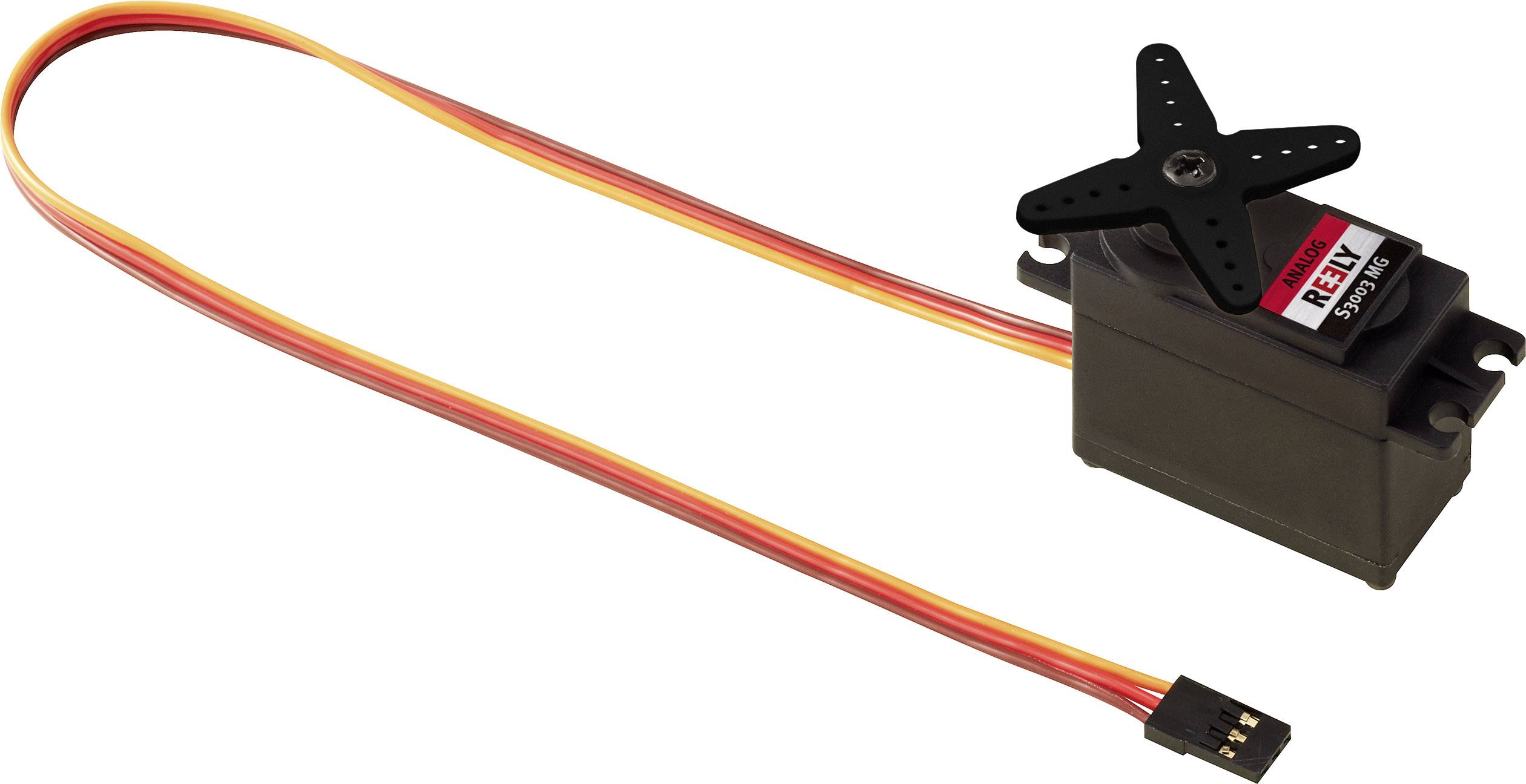 Černý servo motor s křížovým ramenem a vícebarevným kabelem. Používá se v modelářství a robotice.