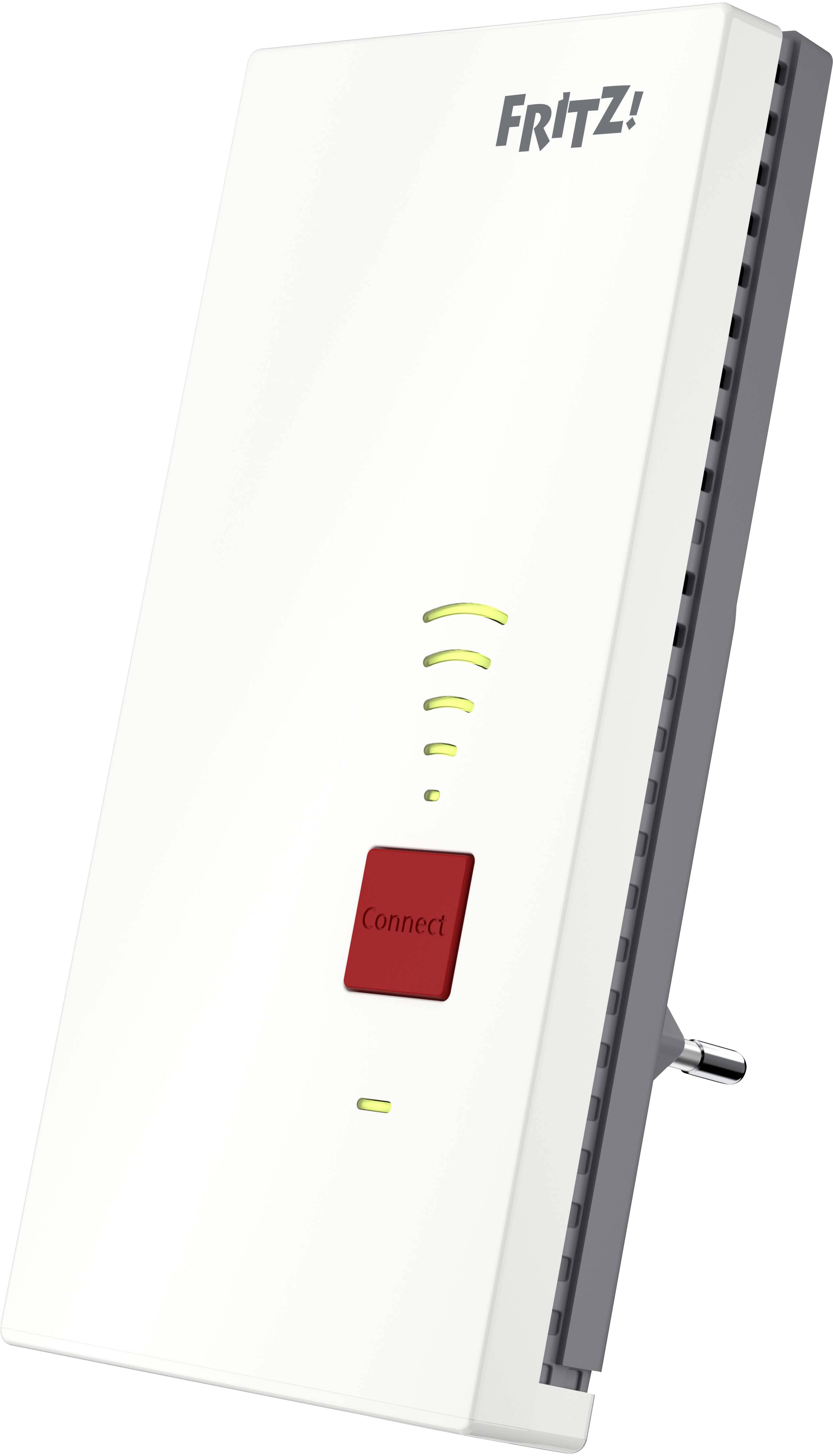 Bílý Wi-Fi repeater v šikmém pohledu, značky a modelu 'FRITZ!'. Má červené 'Connect' tlačítko a LED indikátory.