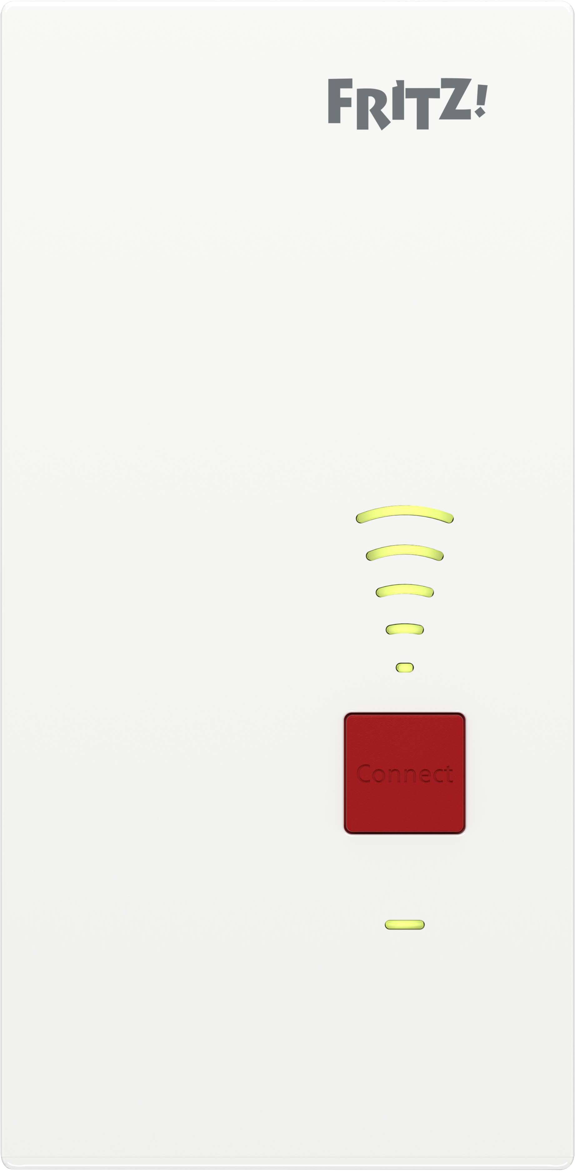 Síťový Wi-Fi repeater značky FRITZ! s velkým červeným tlačítkem 'Connect' uprostřed a svítícími indikátory síly signálu nad ním.