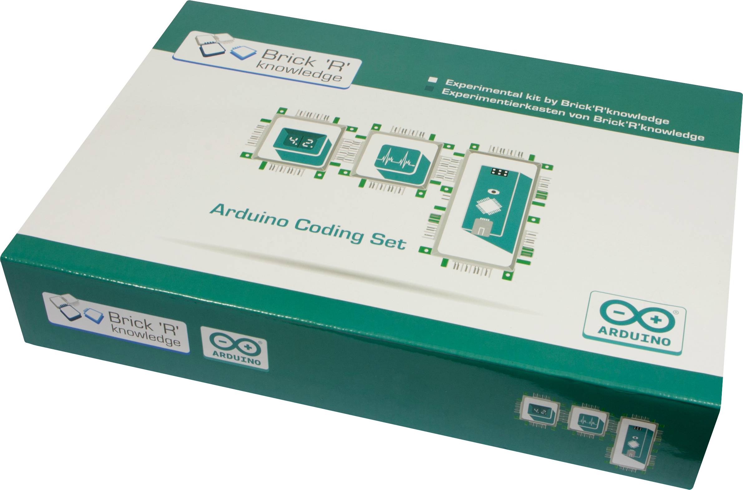 Experimentální sada 'Arduino Coding Set' od Brick'R'knowledge v zelené krabici, zobrazující technické symboly pro elektronické programování.
