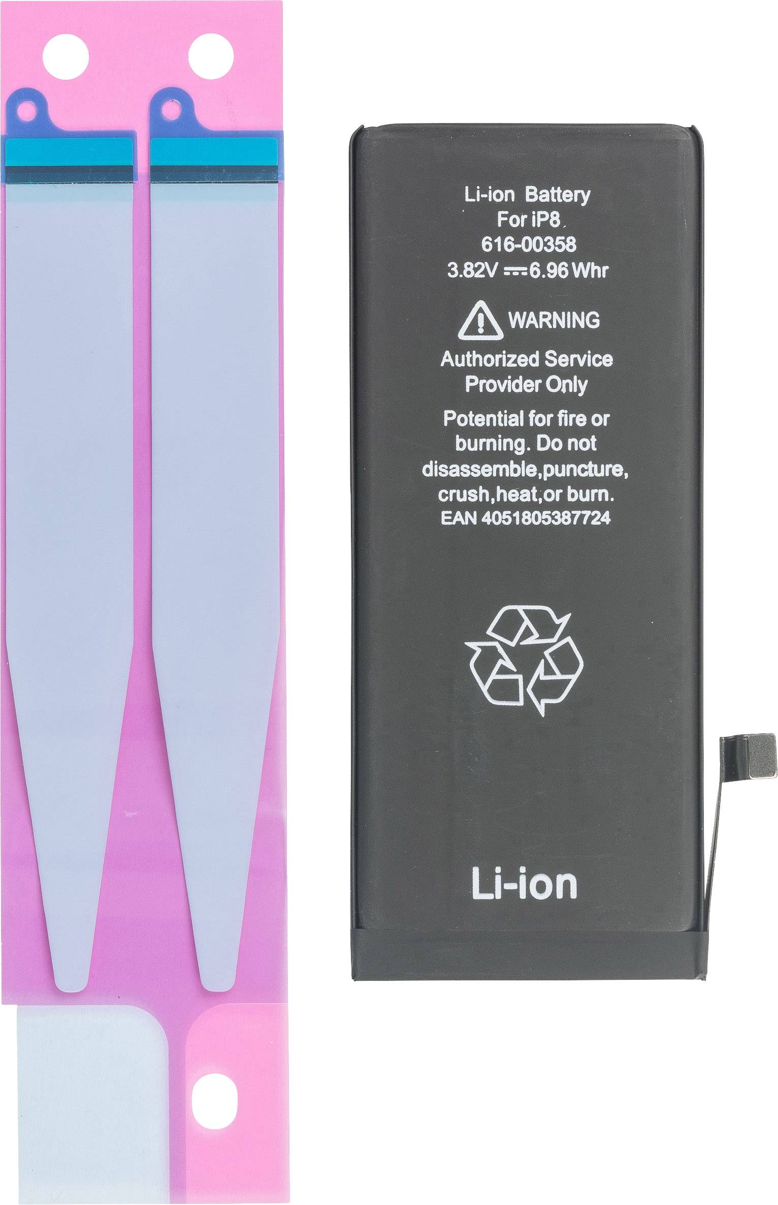 Lithium-iontová baterie pro iP8, číslo modelu 616-00358, 3,82V, 6,96Wh. Varování: Nerozebírat, nepropichovat, nedrťte, nezahřívat ani nespalovat.