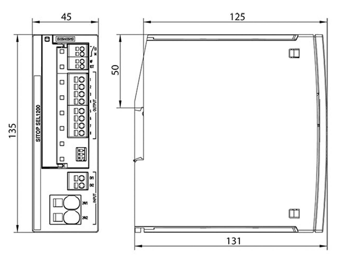 Technický výkres elektrického spínače. Zobrazuje rozměry: 135x131x50 mm. Obsahuje připojení a montážní detaily.