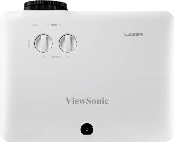 Bílý projektor pohledem shora s velkým ostřicím kolečkem a dvěma ovládacími tlačítky. Viditelné označení 'ViewSonic'.