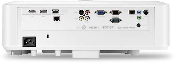 Zadní strana projektoru s různými konektory, včetně HDMI, VGA, USB a audio vstupů a výstupů.