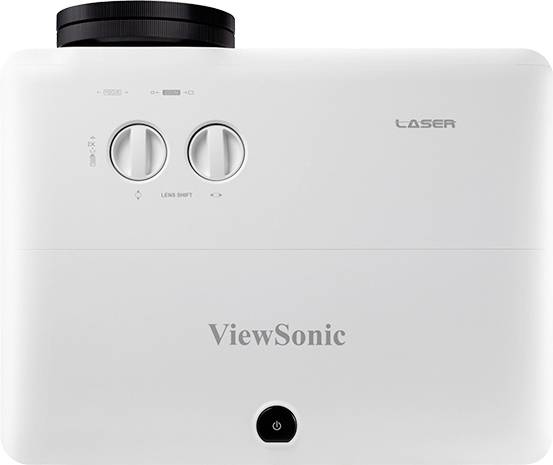 Bílý laserový projektor ViewSonic se dvěma otočnými knoflíky pro úpravu obrazu na horní straně, vhodný pro domácí filmový zážitek.