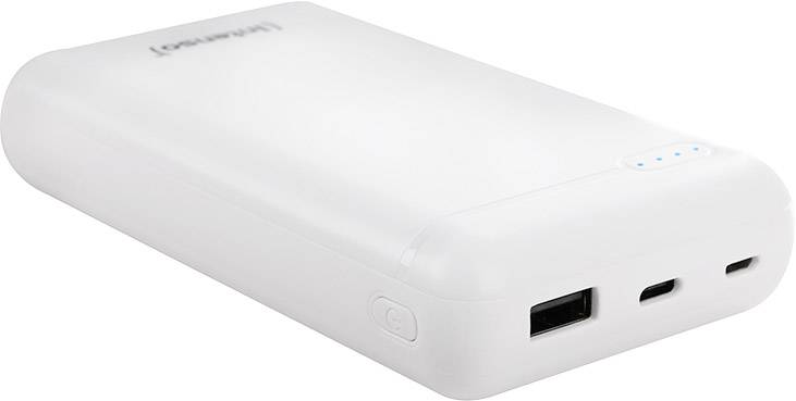 Bílá, přenosná powerbanka s několika konektory a indikátorem nabití na horní straně.