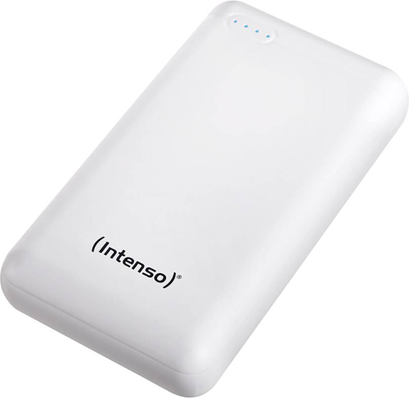 Bílá přenosná powerbanka značky Intenso s modrými LED indikátory stavu baterie na horní straně.