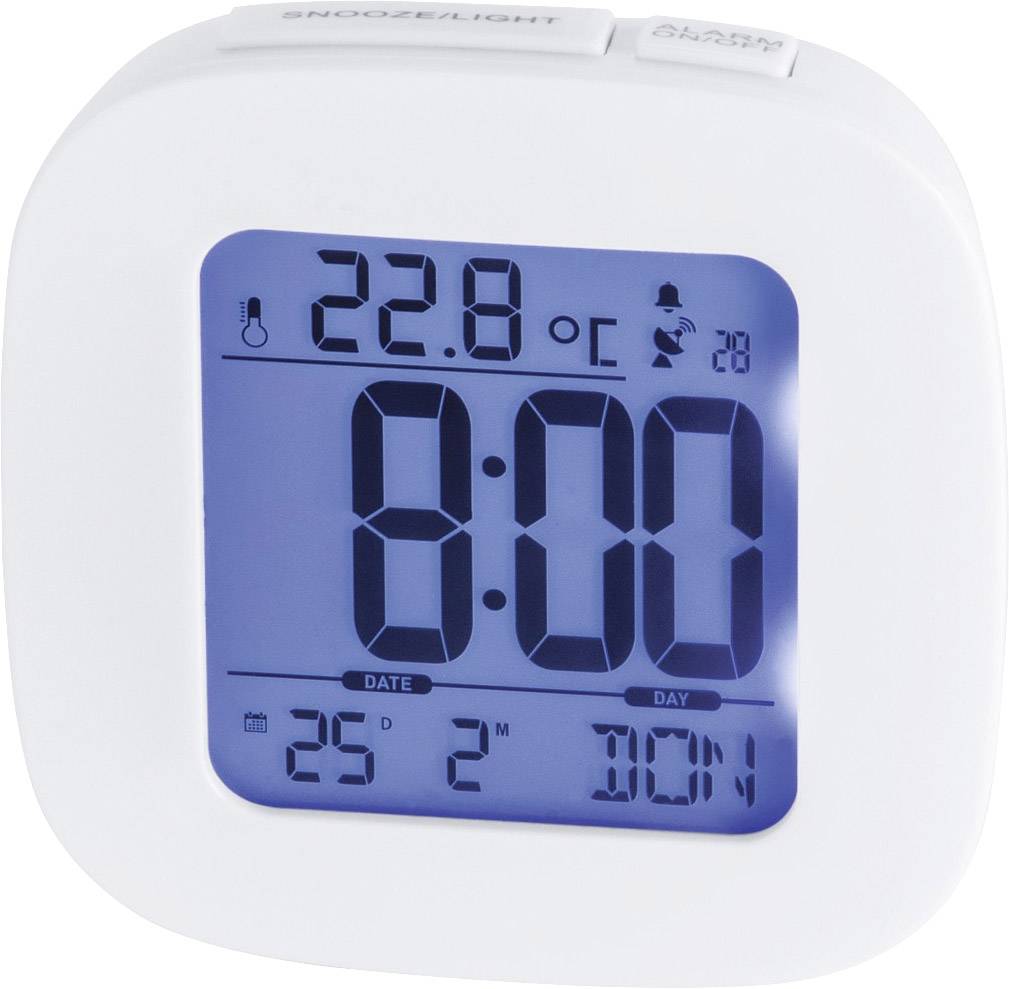Digitální budík ukazuje '8:00'. Teploměr ukazuje '22,8 °C'. Dole je datum '25', '2' a den v týdnu 'Ned'.