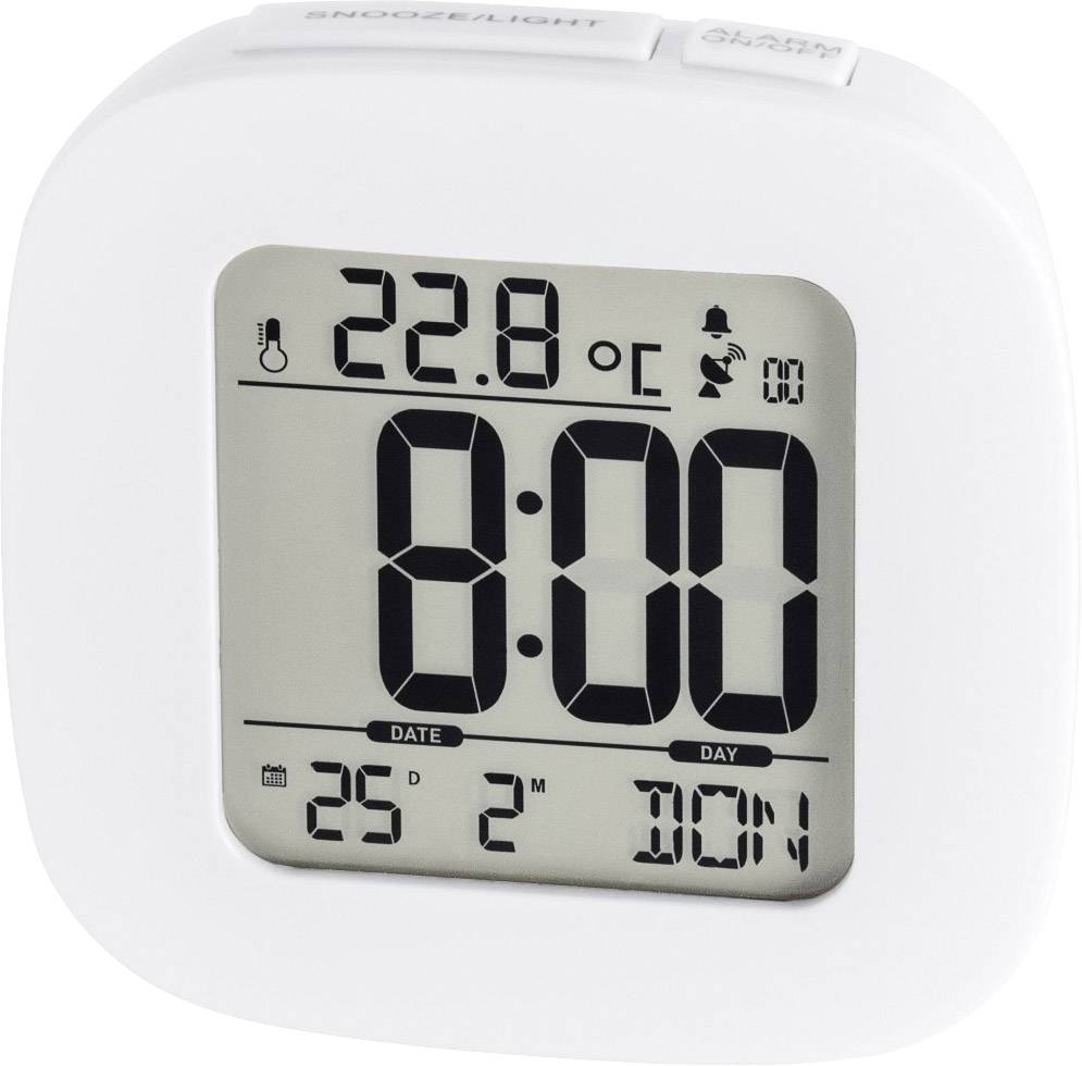 Digitální budík s velkou obrazovkou ukazuje 8:00, 22,8°C, datum 25.2. a den v týdnu pondělí. Symboly pro buzení a stav baterie.