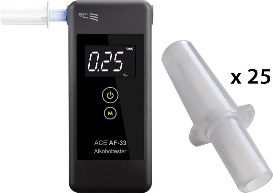 Alkoholtester ACE AF-33 zobrazuje na displeji hodnotu 0,25 promile. Vedle něj je zobrazen plastový náústek s číslem 'x 25'.