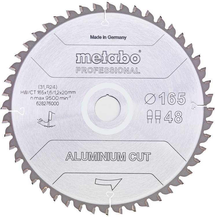 Kovový obvodový pilový list značky 'metabo PROFESSIONAL' a 'ALUMINIUM CUT,' rozměr 165 mm a 48 zubů, vyrobeno v Německu.