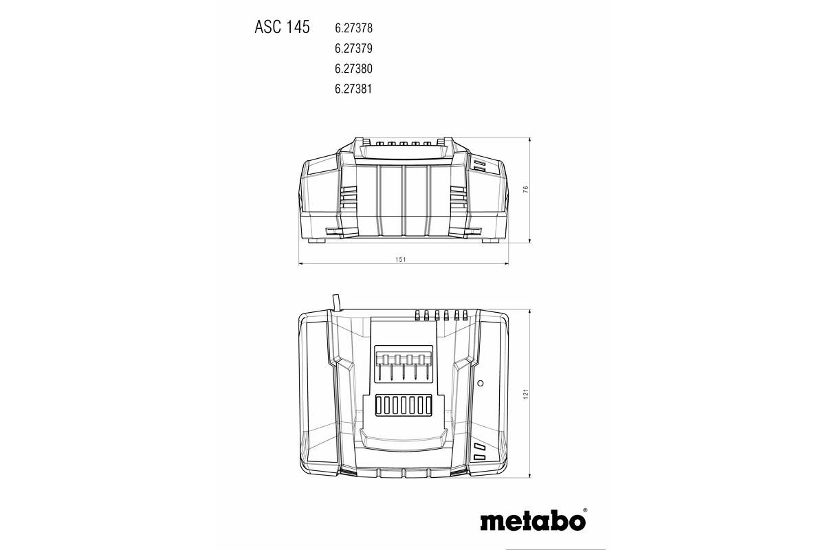 Nákres nabíječky Metabo ASC 145 s modely 6.23778, 6.23779, 6.23780, 6.23781, zobrazující pohled shora a rozměry.